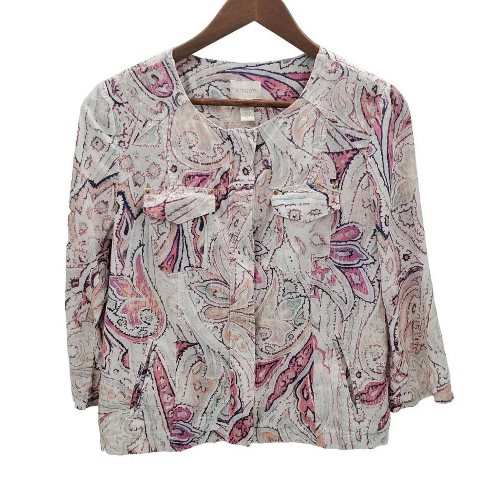 Chico's Womens Paisley Print Zip Up Linen‎ Jacket Size 1 (M) 3/4 Sleeve Career